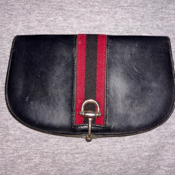 Gucci Sherry Line Horsebit Pouch Navy Leather Vintage Used - Picture 1 of 6